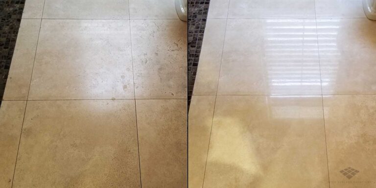 Etch removal on patina travertine bathroom floor.